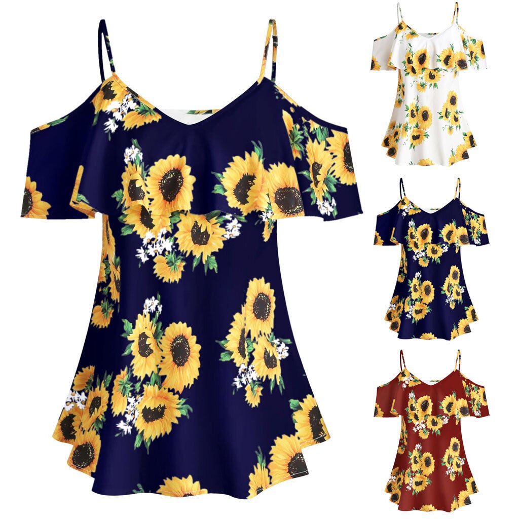 Clothes 2019 summer sexy female tops tee Vintage Plus Size Women Sunflower Printed Camis Short Sleeve Ruffles Cold Shouder shein