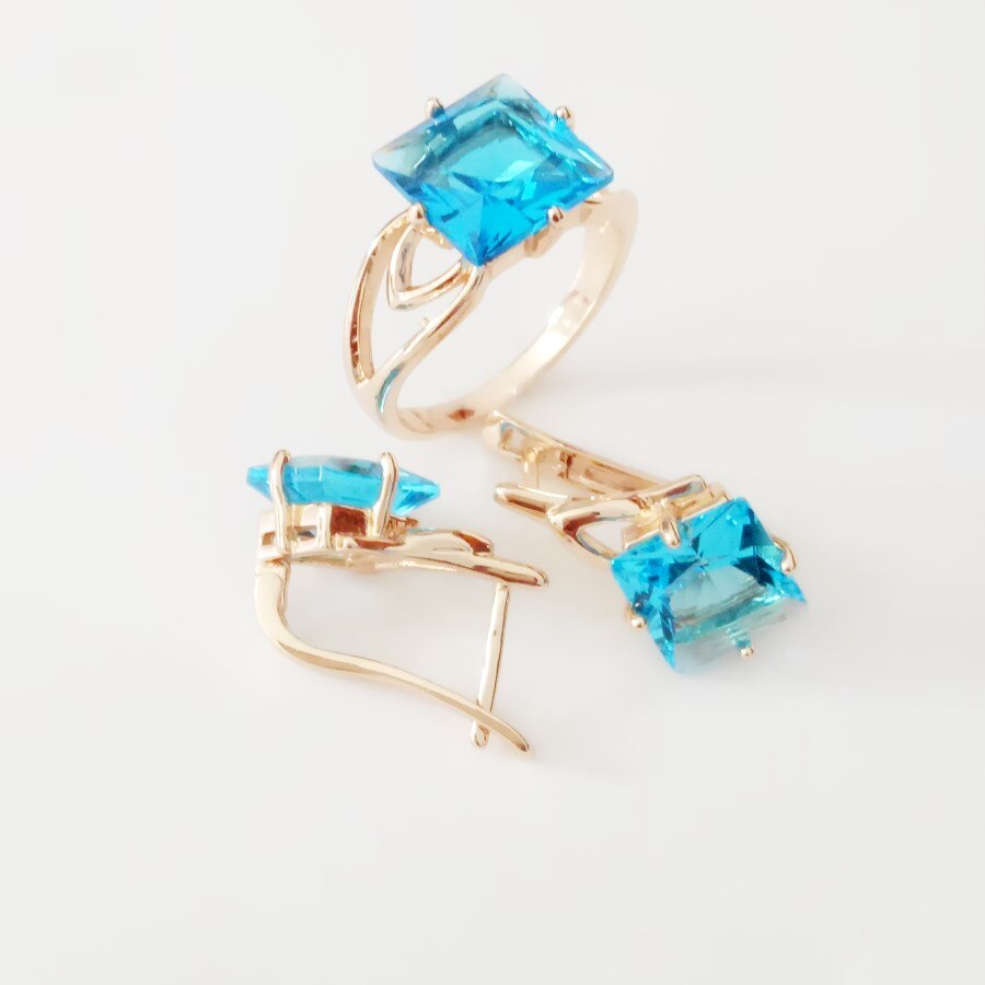 Women Jewelry Sets 585 Rose Gold Color Women Jewelry Romantic Bridal Jewelry Sets Light Blue Wedding Ring +Earring Jewelry Sets