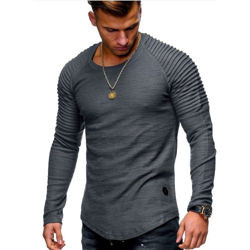 Hot 2020 Solid Color Sleeve Pleated Patch Detail Long Sleeve T-Shirt Men Spring Casual Tops Pullovers Fashion Slim Basic Tops