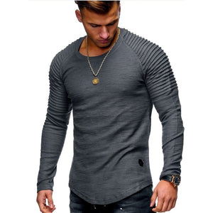 Hot 2020 Solid Color Sleeve Pleated Patch Detail Long Sleeve T-Shirt Men Spring Casual Tops Pullovers Fashion Slim Basic Tops