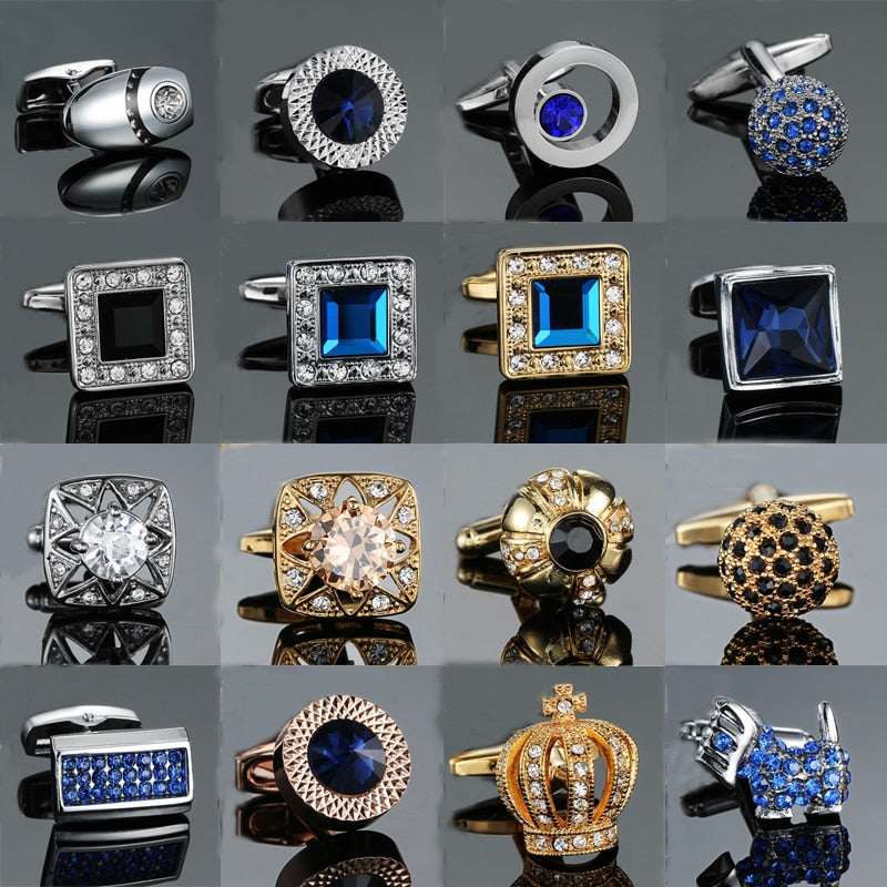 Novelty Luxury Blue white Cufflinks for Mens Brand High Quality crown Crystal gold silvery Cufflinks Shirt Cuff Links