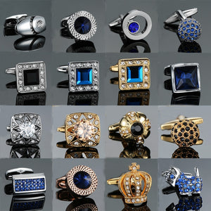 Novelty Luxury Blue white Cufflinks for Mens Brand High Quality crown Crystal gold silvery Cufflinks Shirt Cuff Links
