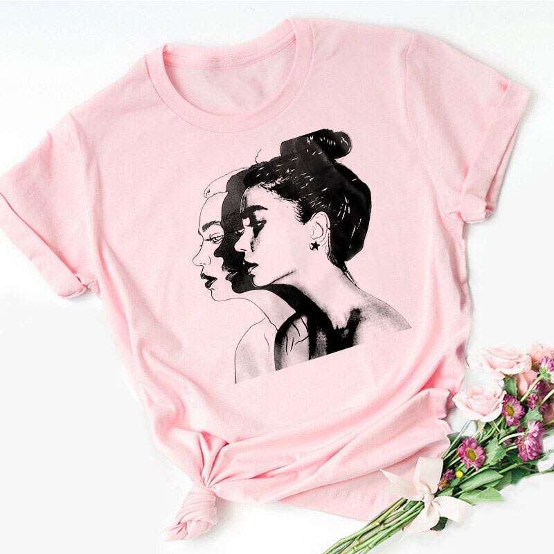 2021 Vogue Cool Spring Summer Girls Print Women Blouses Pink Summer Casual Harajuku O-Neck Shein Femme Tops Shirt Plus Size