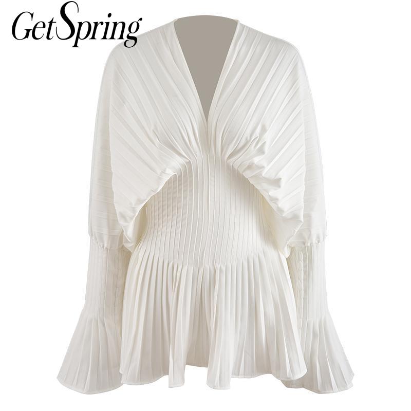 GetSpring Women Blouse Elegant Printed Women Shirts Pleated Long Sleeve V Neck White Shirt Ladies Tops Fashion Printed Blouses