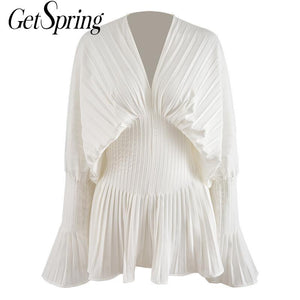 GetSpring Women Blouse Elegant Printed Women Shirts Pleated Long Sleeve V Neck White Shirt Ladies Tops Fashion Printed Blouses