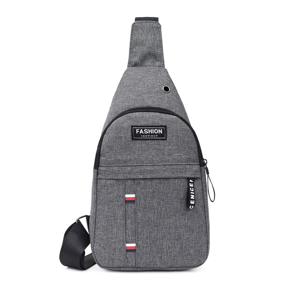 Fashion Men Solid Color Shoulder Crossbody Chest Bag with Earphone Hole Portable Nylon Travel Large Capacity Zipper Handbags