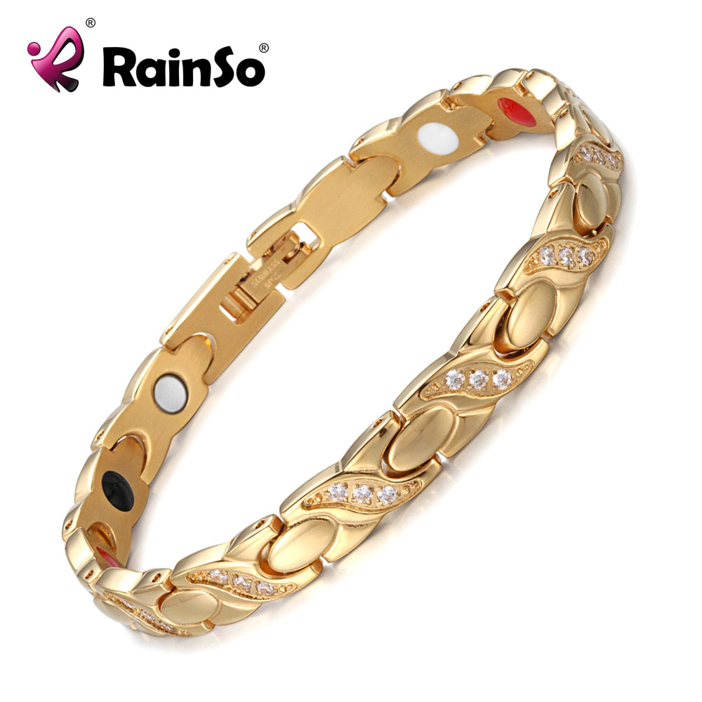 RainSo Stainless Steel Magnetic Women Bracelets Fashion Therapy Jewelry Gold Link Chain with Bio Elements Charm Bracelet Gift