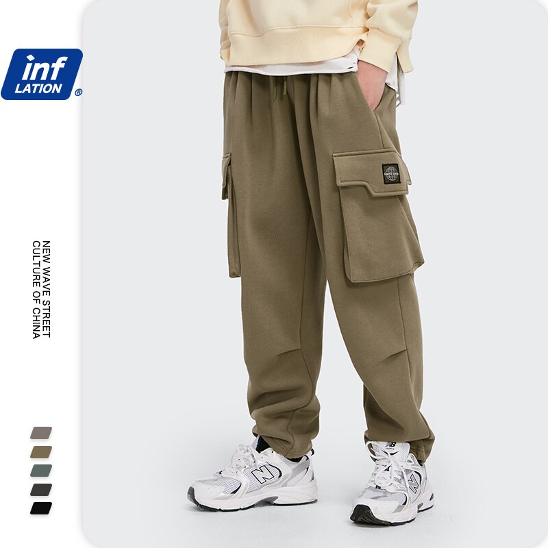INFLATION Loose Fit Men Sweatpants In Pure Color 2020 Autumn Winter Retro Warm Sweatpants Men Streetwear Men Casual Pants 3232W