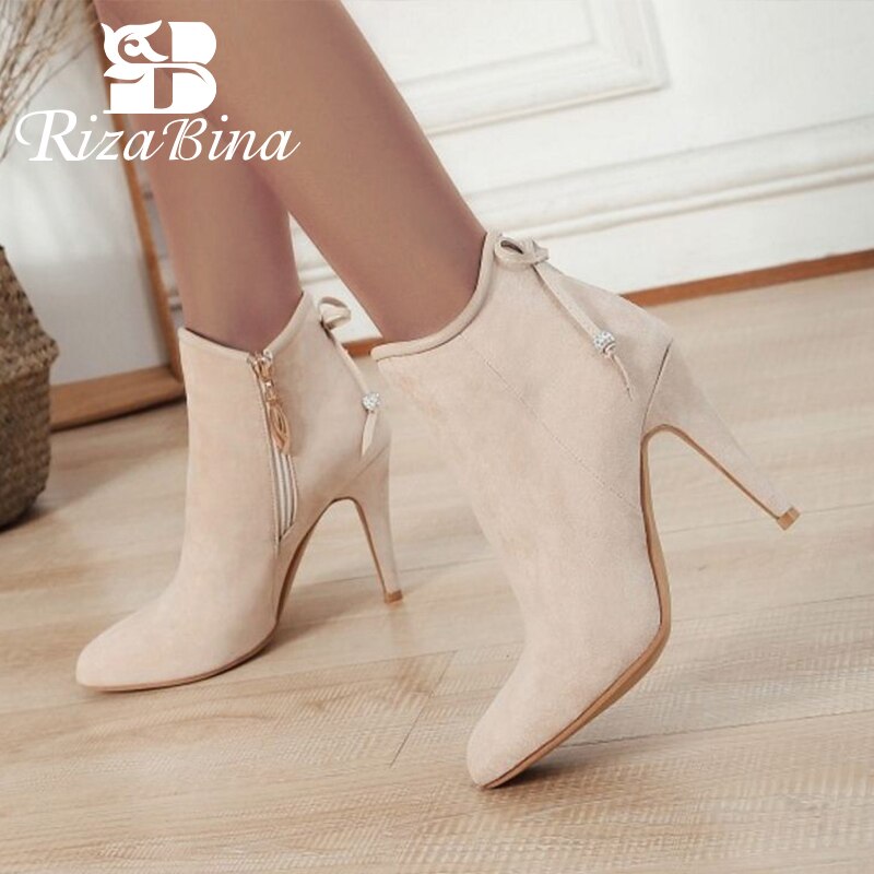 RIZABINA Size 32-48 4 Colors Women Ankle Boots Thin Heels Bowtie Zipper Bling Women Shoes Sweet Simple Boots Women Footwear