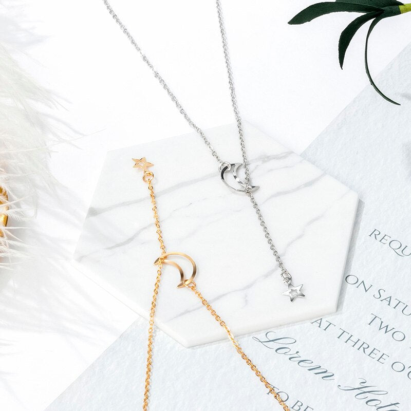POXAM New Fashion Trendy Jewelry Copper Alloy Star Moon Chain Link Necklaces & Pendants For Women Girl 2020 Jewelry Wholesale