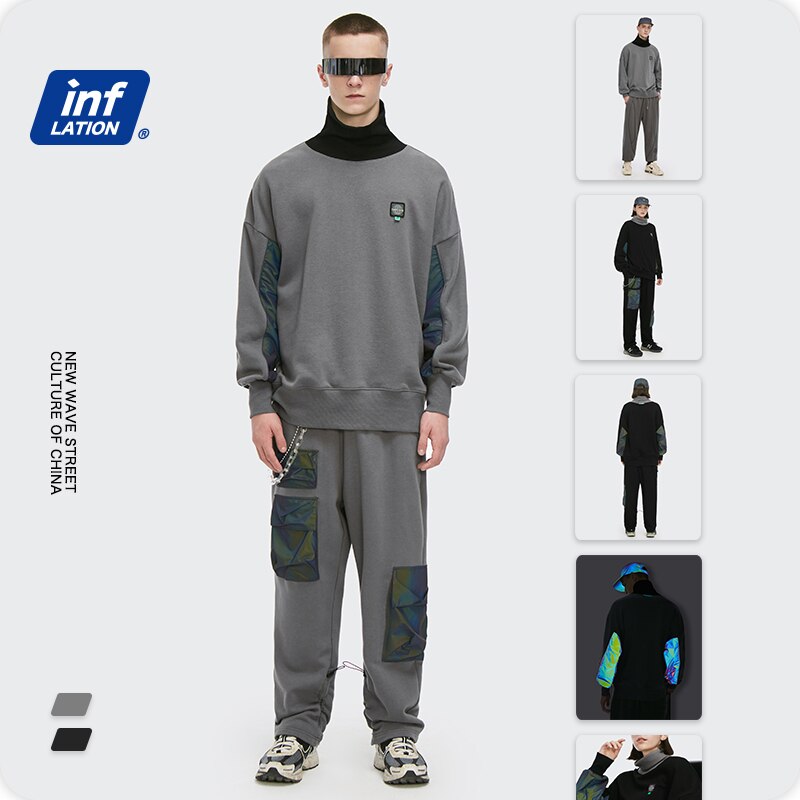 INFLATIONLaser Reflective Patched Hip Hop Tracksuit Men Streetwear High Collar Sweatshirt And Sweatpant Set Men Two Piece Outfit