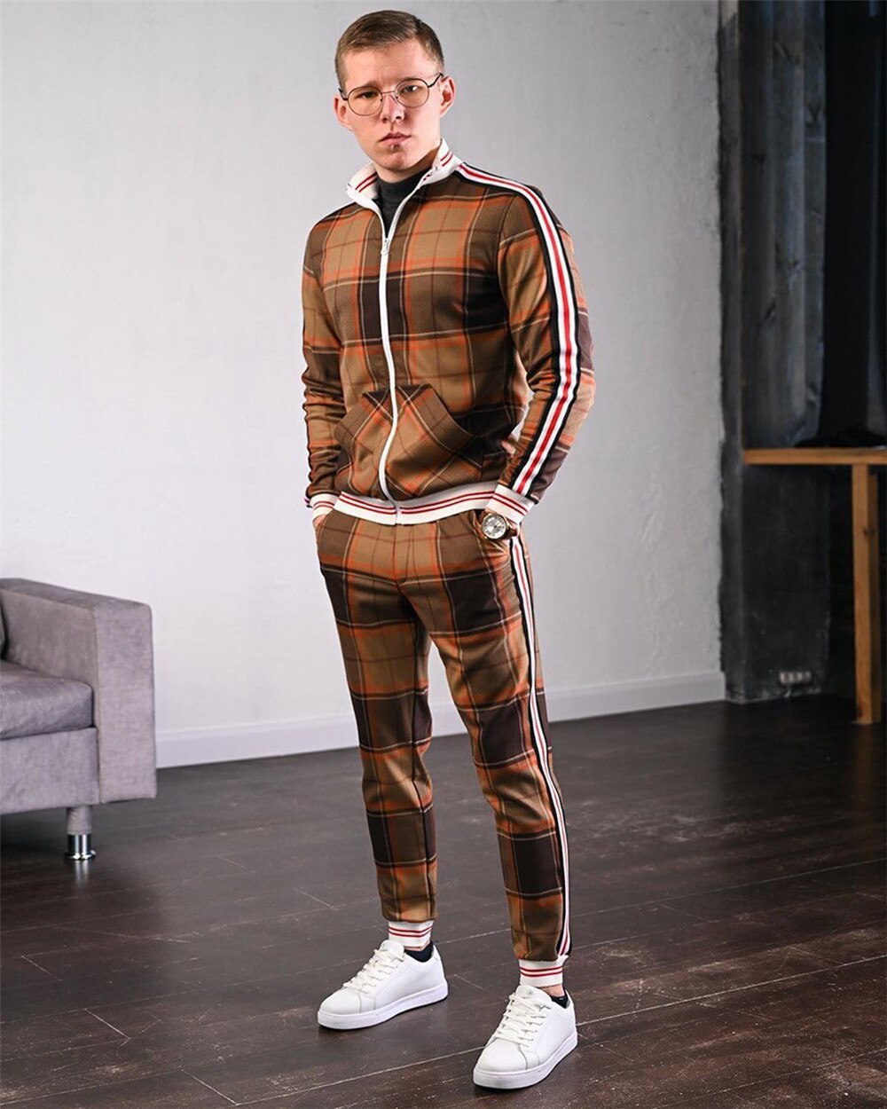 men's tracksuit spring autumn fashion Plaid tracksuit casual two piece set men's sports suit men's clothing men sets