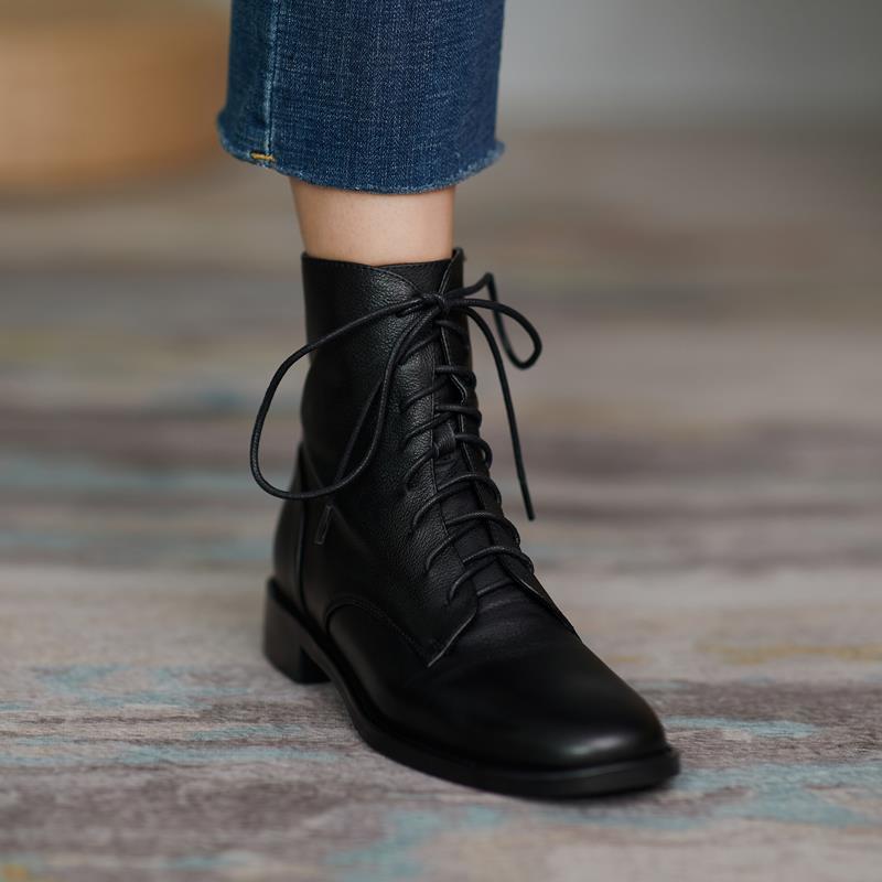 Leather Martn Boots Women's 2020 New Black Low-heeled Thick-heeled British Style Spring Autumn Short Boots Single Boots Shoes