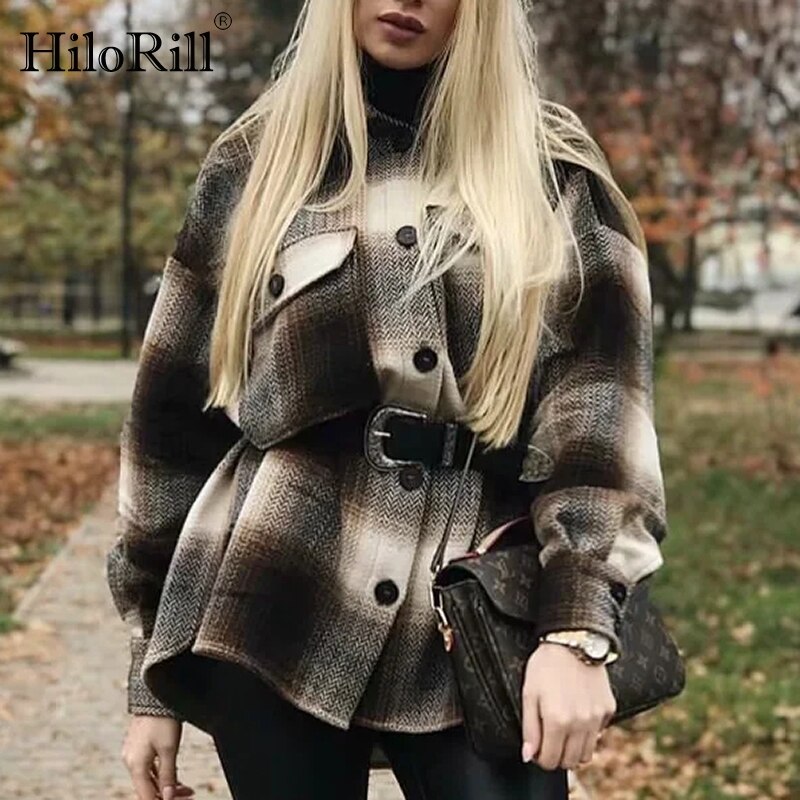 HiloRill Autumn Winter Streetwear Plaid Jacket Women Batwing Long Sleeve Loose Coat Office Casual Pocket Tops Ladies Outerwear