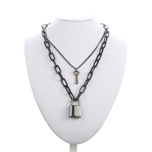 Double layer Lock Chain necklace grunge punk 90s link chain silver color padlock pendant necklace women aesthetic egirl jewelry