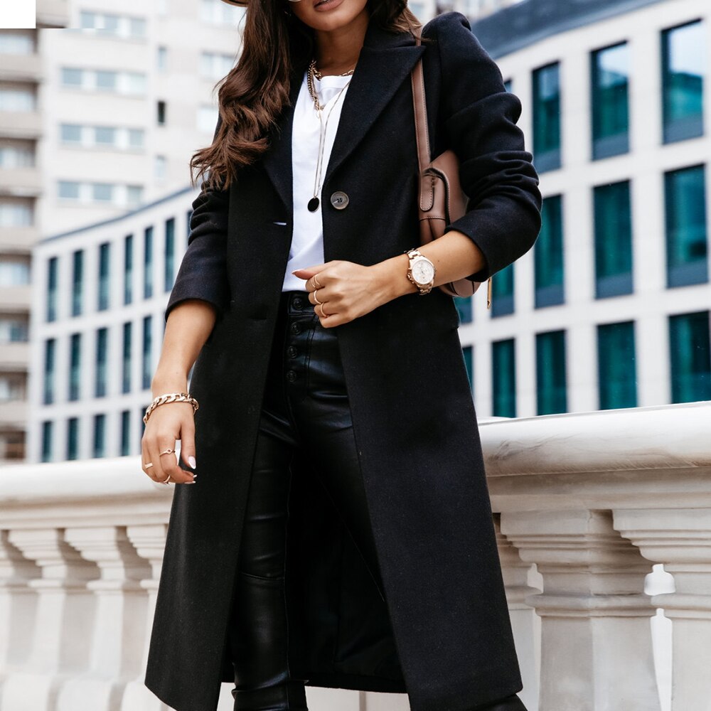 Autumn and Winter Three-Quarter Sleeve Vintage long coat women 2020 Elegant V-Neck Button Lapel Pocket Woolen Coat Women's