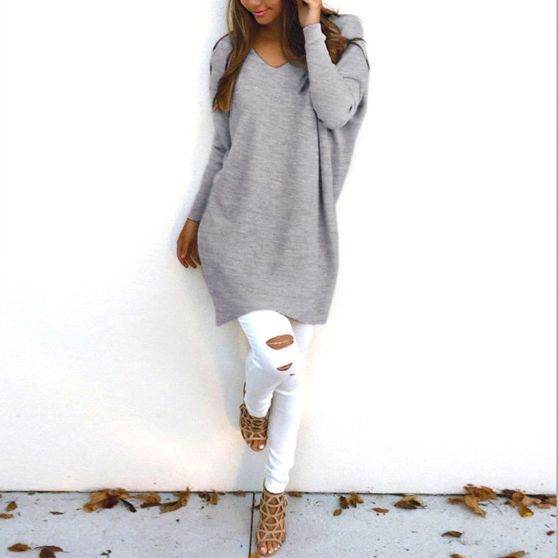 V-Neck Long-Sleeved Women'S Sweater Knitted Long Top Sweaters