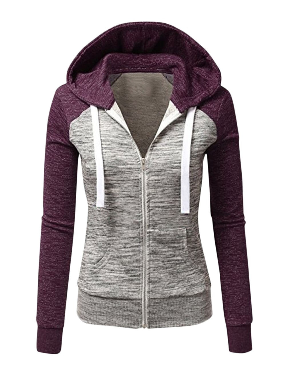 Vestes à capuche Patchwork femmes à capuche fermeture éclair en Polyester poche manteau décontracté cordon sweat-shirts femme vêtements d'extérieur