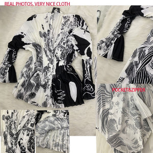 GetSpring Women Blouse Elegant Printed Women Shirts Pleated Long Sleeve V Neck White Shirt Ladies Tops Fashion Printed Blouses