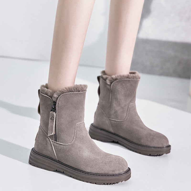 2020  Genuine Leather Winter Zipper Fur Warm Plush Ankle Snow Boots With Platform Low Heels Short Booties Women Flat Shoes