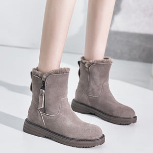 2020  Genuine Leather Winter Zipper Fur Warm Plush Ankle Snow Boots With Platform Low Heels Short Booties Women Flat Shoes