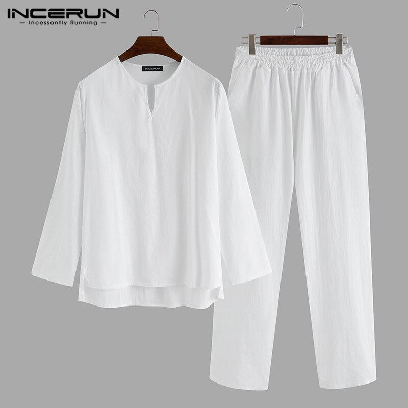 INCERUN Vintage Men Sets Homewear V Neck Long Sleeve Tops & Pants Streetwear Chinese Style Cotton Loose Men Suit Casual 2 Pieces