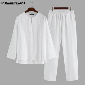 INCERUN Vintage Men Sets Homewear V Neck Long Sleeve Tops & Pants Streetwear Chinese Style Cotton Loose Men Suit Casual 2 Pieces