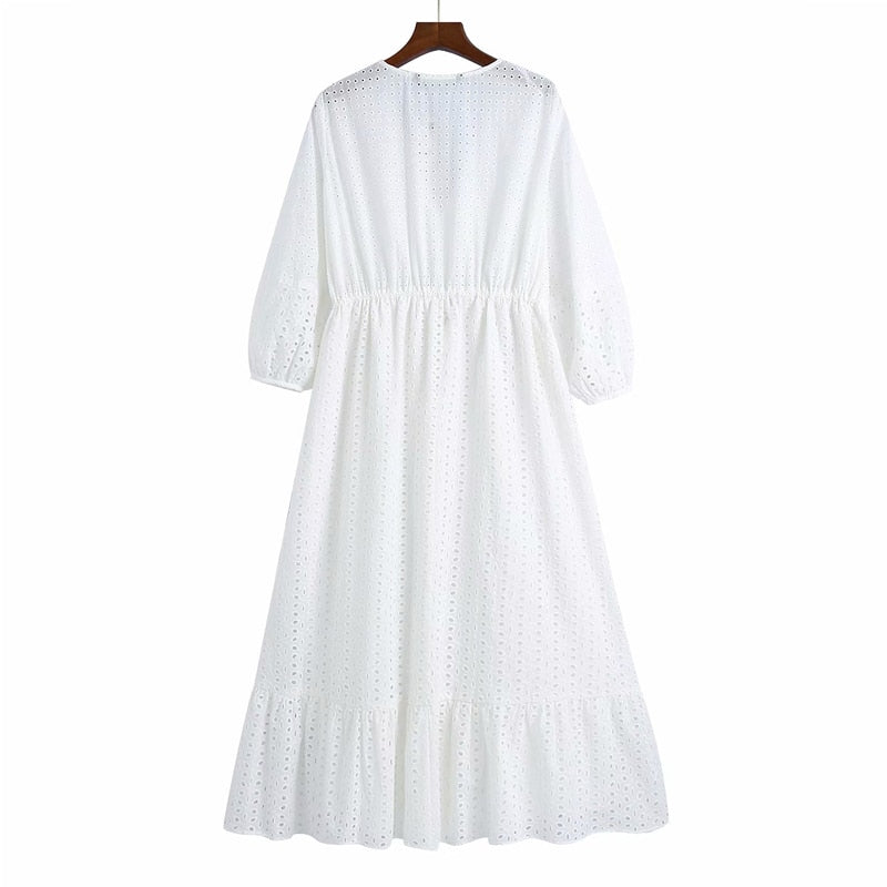 Women Summer ZA White V-Neck Dress 3/4 Sleeve Buttons Bow Tie Slim Casual Female Elegant Party A-Line Dresses Clothes Vestidos