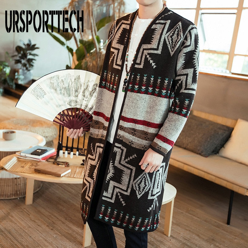 Long Trench Coat Men Slim Fit Casual Printed Jackets And Coats Stand Collar Cardigan Trench Coat Men