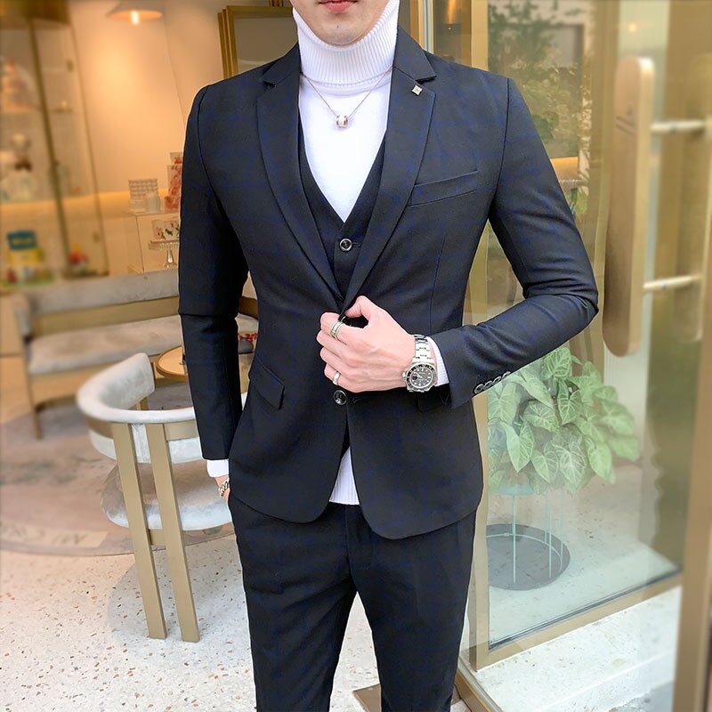 Men Dress Suits British 3Piece Men Wedding Suit New 2020 Autumn Mens Business Formal Plaid Suit Men Luxury Slim Fit Dress