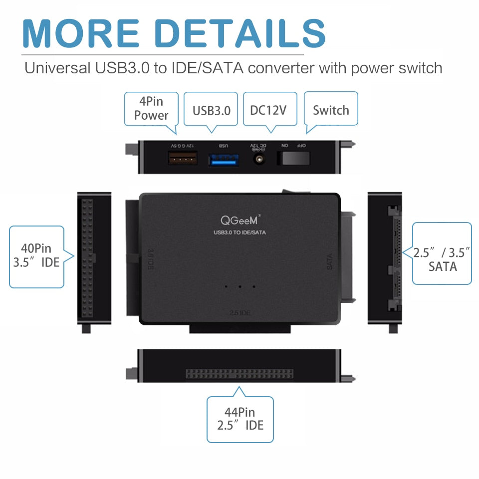 QGeeM SATA to USB IDE Adapter USB 3.0 Sata 2.5 3.5 Hard Disk Drive HDD SSD USB Converter IDE SATA to USB SATA Adapter Cable