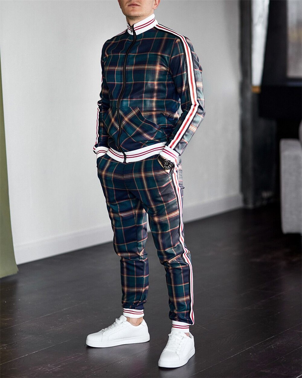 men's tracksuit spring autumn fashion Plaid tracksuit casual two piece set men's sports suit men's clothing men sets