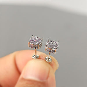 Female Luxury Austria Crystal Screw Back Stud Earrings For Women White/Blue/Purple Round Zircon Hip Hop Earrings Wedding Jewelry