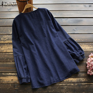 Elegant Denim Blue Shirts Womens Embroidery Blouse 2021 ZANZEA Tassel Puff Sleeve Blusas Female Casual Floral Tops Plus Size