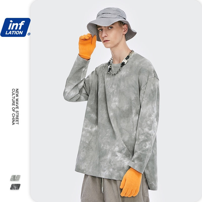 INFLATION Tie Dyed Long Sleeve T-shirt For Men Streetwear 2020 Autumn Loose Hip Hop T-shirt Men Cotton Oversized T-shirt 1904W