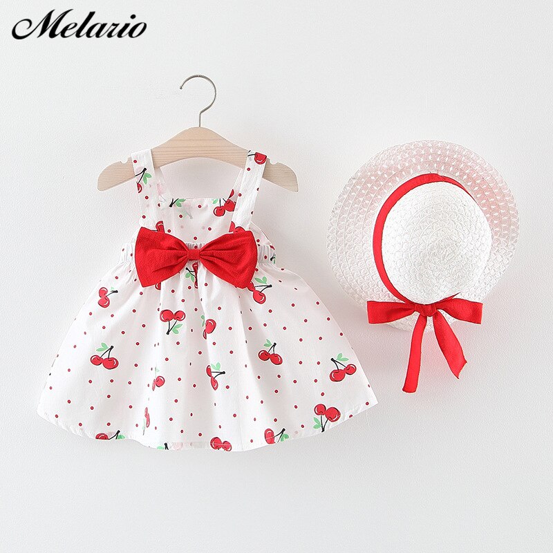 Melario Baby Girls Dresses With Hat 2pcs Clothes Sets Kids Clothes Baby Sleeveless Birthday Party Princess Dress Print Floral