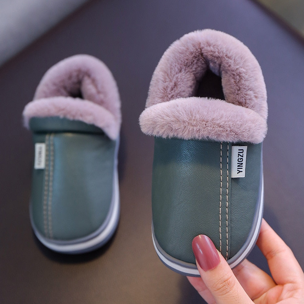 Winter Children Warm Shoes For Boy Girl Cotton Slippers PU Leather Baby Kid Indoor Cotton Shoes Fashion Home Hairy Casual Shoes