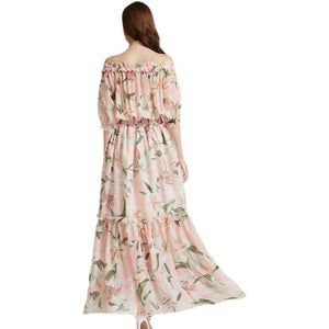 Runway Summer Vacation Dress Women Elegant Slash Neck Off Shoulder Tulip Floral Print Bohemian Lady Long Maxi Dress N7397