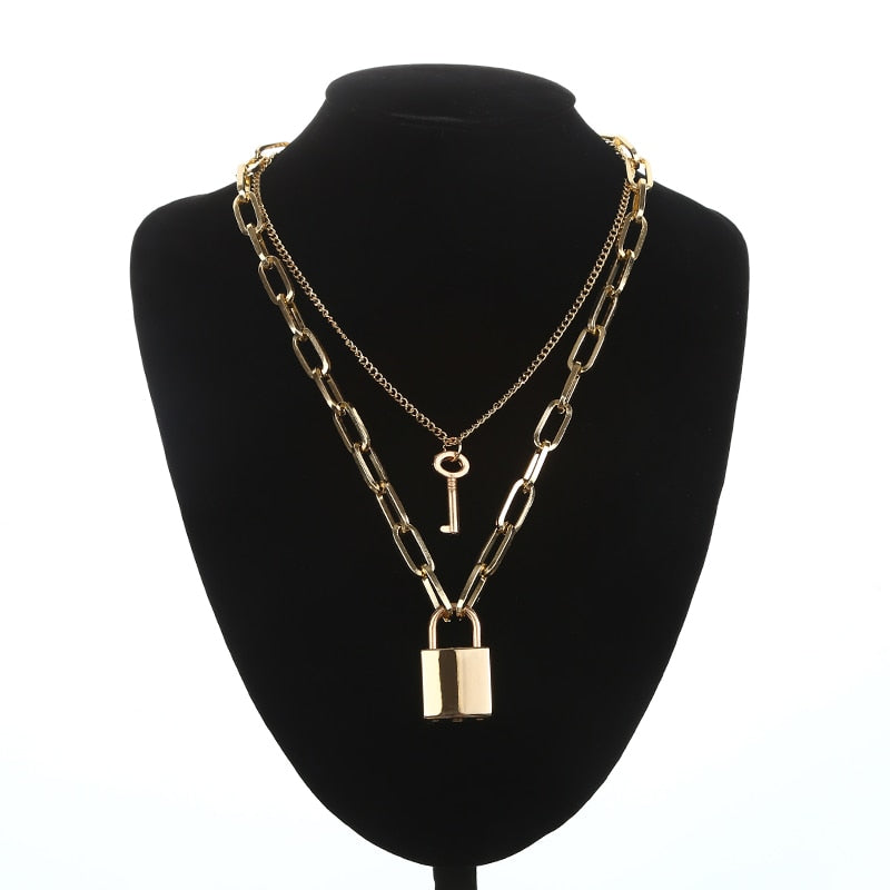 Double layer Lock Chain necklace grunge punk 90s link chain silver color padlock pendant necklace women aesthetic egirl jewelry
