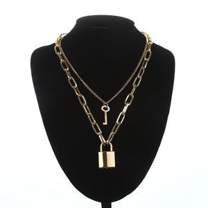 Double layer Lock Chain necklace grunge punk 90s link chain silver color padlock pendant necklace women aesthetic egirl jewelry