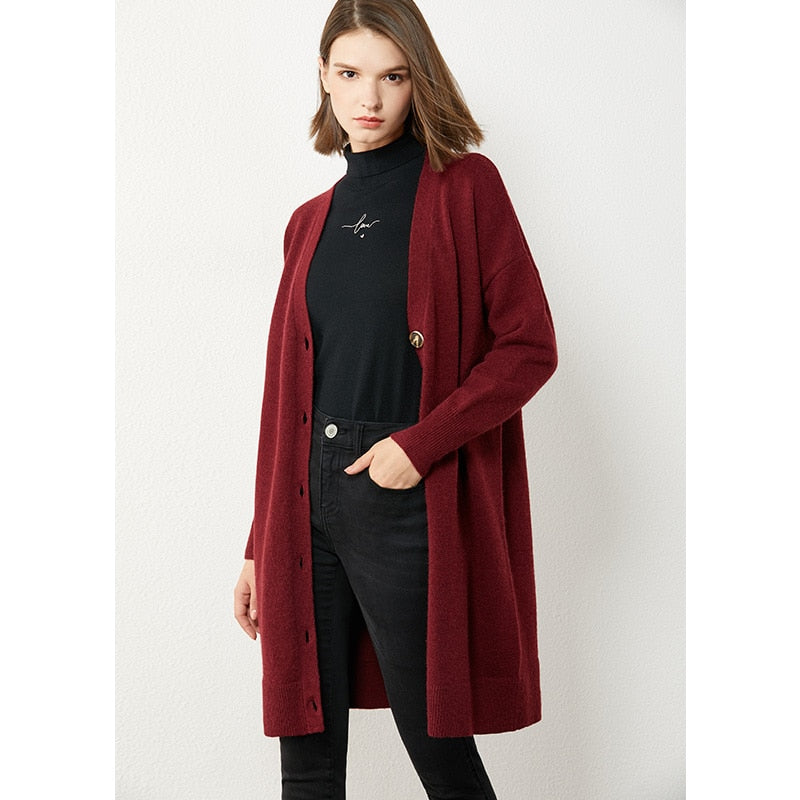 AMII Minimalism Autumn Winter Women Cardigan Fashion Solid Vneck Loose Knitted Women's Overcoat Female Coat Tops 12040478