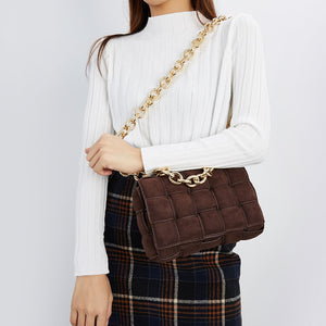 Thick Metal Chain Frosted Suede Shoulder Bag Women New Designer Woven Soft Square Crossbody Bags Female Chic Purse High Quality