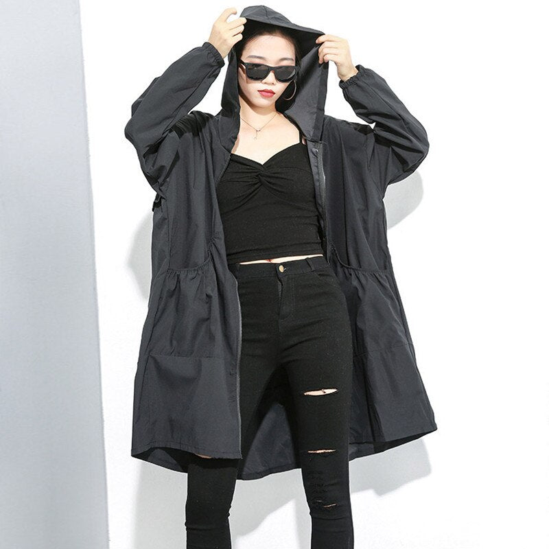 Johnature 2020 Autumn New Thin Casual Long Irregular Trench Women Fashion Loose Hooded Collar Zippers Pockets Female Coats
