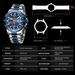 MEGALITH Watches Mens Waterproof Analogue Clock Stainless Steel Waterproof Luminous Watch Men Sports Relogio Masculino With Box