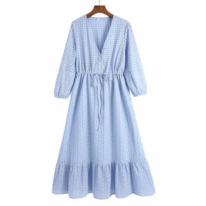 Women Summer ZA White V-Neck Dress 3/4 Sleeve Buttons Bow Tie Slim Casual Female Elegant Party A-Line Dresses Clothes Vestidos
