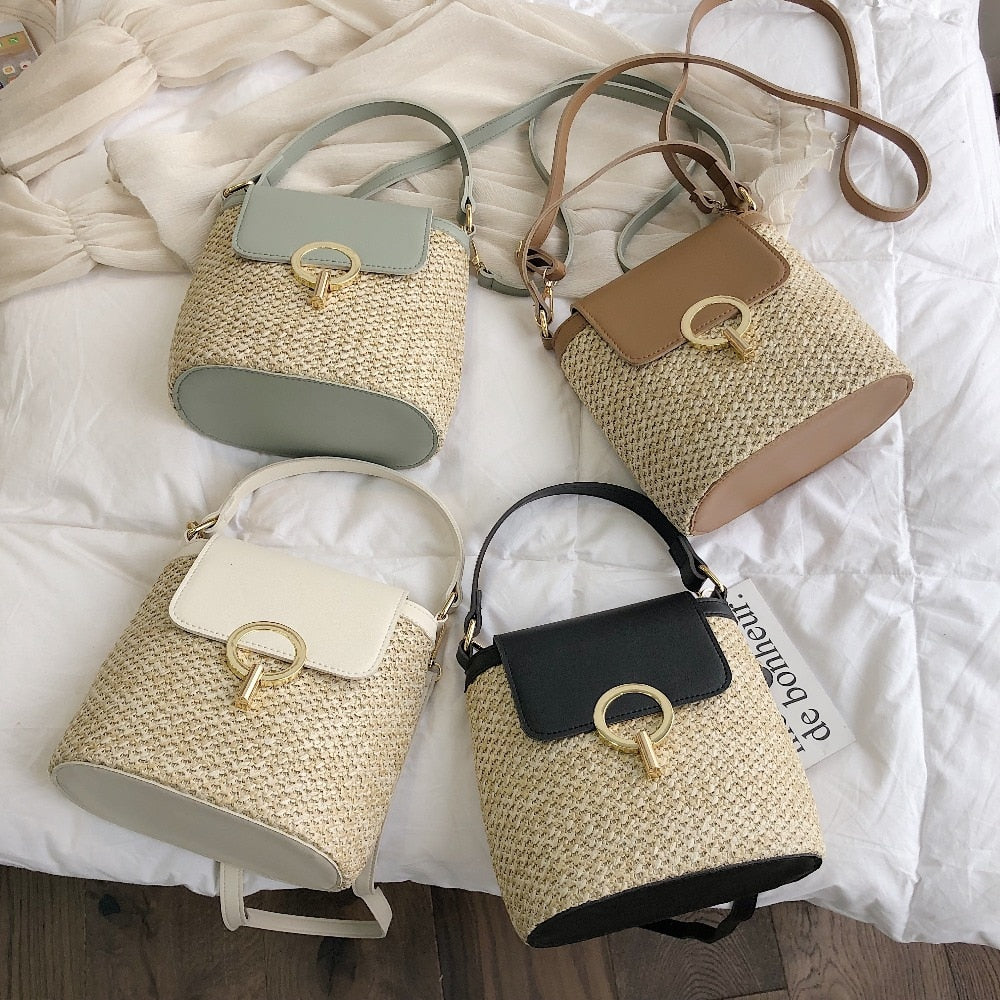 Small Straw Bucket Bags For Women 2021 Summer Crossbody Bags Lady Travel Purses and Handbags Female Shoulder Simple Bag