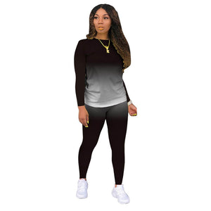 Wjustforu deux pièces ensemble femmes mode dégradé imprimé moulante survêtement à manches longues haut + motard Joggers pantalon tenues femme
