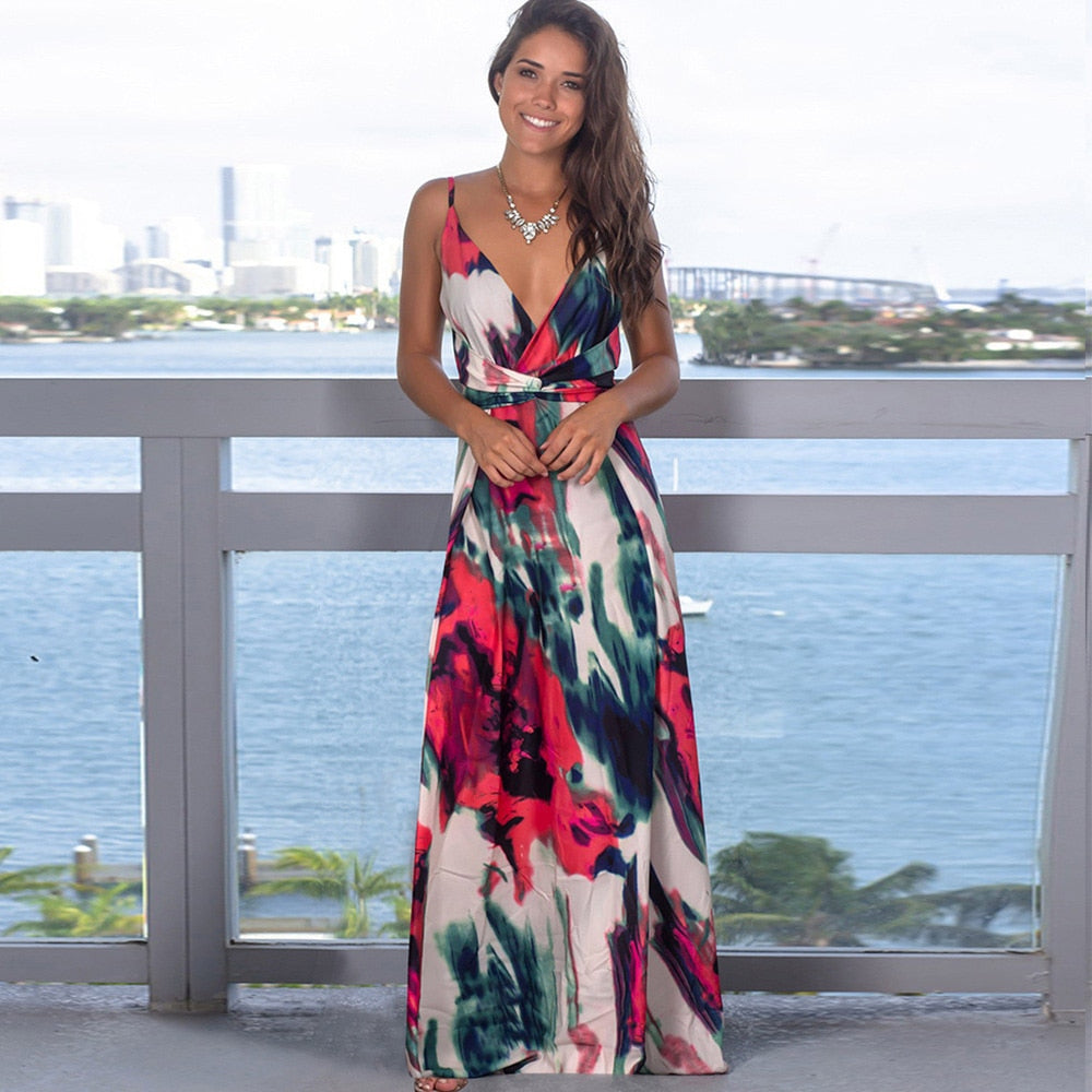 Floral Maxi Dresses for Women Summer 2021 Green V Neck Sleeveless Casual Halter Sundresses Women Party Beach Sexy Dress