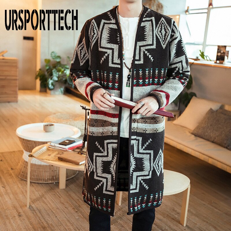 Long Trench Coat Men Slim Fit Casual Printed Jackets And Coats Stand Collar Cardigan Trench Coat Men