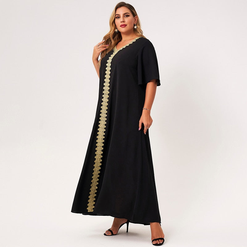 2021 New Summer Maxi Dress Women Black Loose Embroidery Selvedge Hemmed V-neck Ruffle Half Sleeve Elegant Vintage Party Robes
